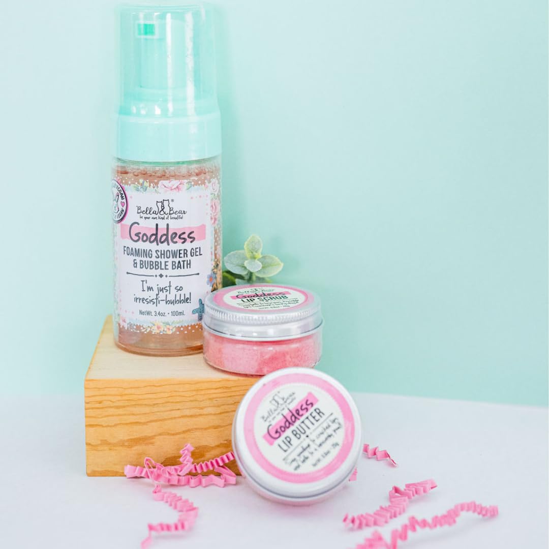 Bella & Bear Goddess Mini Bath & Body Gift Set with 2 in1 Foaming Shower Gel & Bubble Bath, Lip Scrub, Lip Butter - Gift - Teens - Tweens - Women